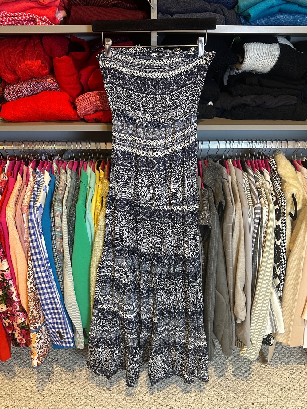 En Creme navy/white print strapless smocked maxi dress size S NWT